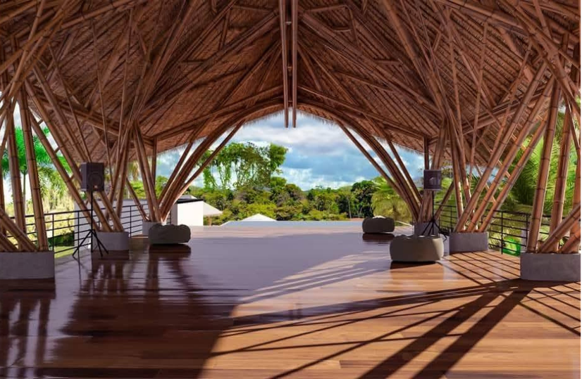 Interior of the large open-air bamboo shala